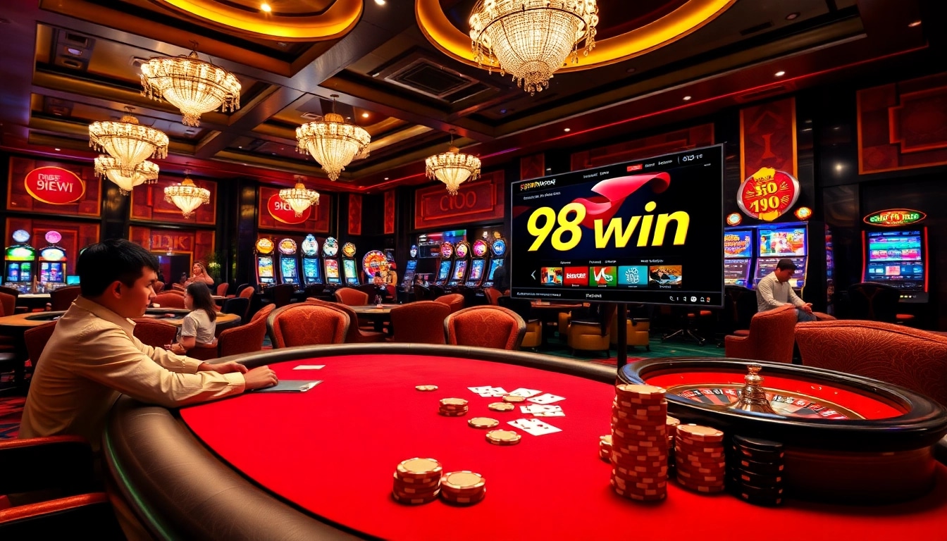 98win players enjoying high-stakes poker while engaging with vibrant slot machines and roulette.