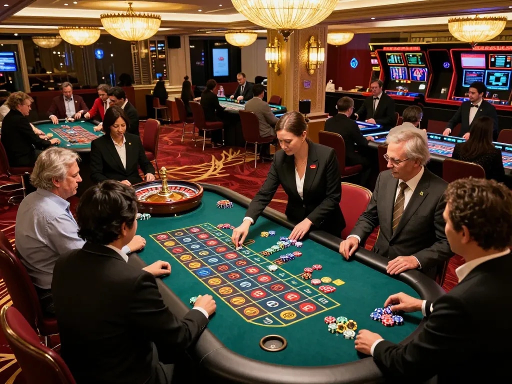 Players excitedly placing bets at the roulette table in a vibrant casino setting on f168.osaka.