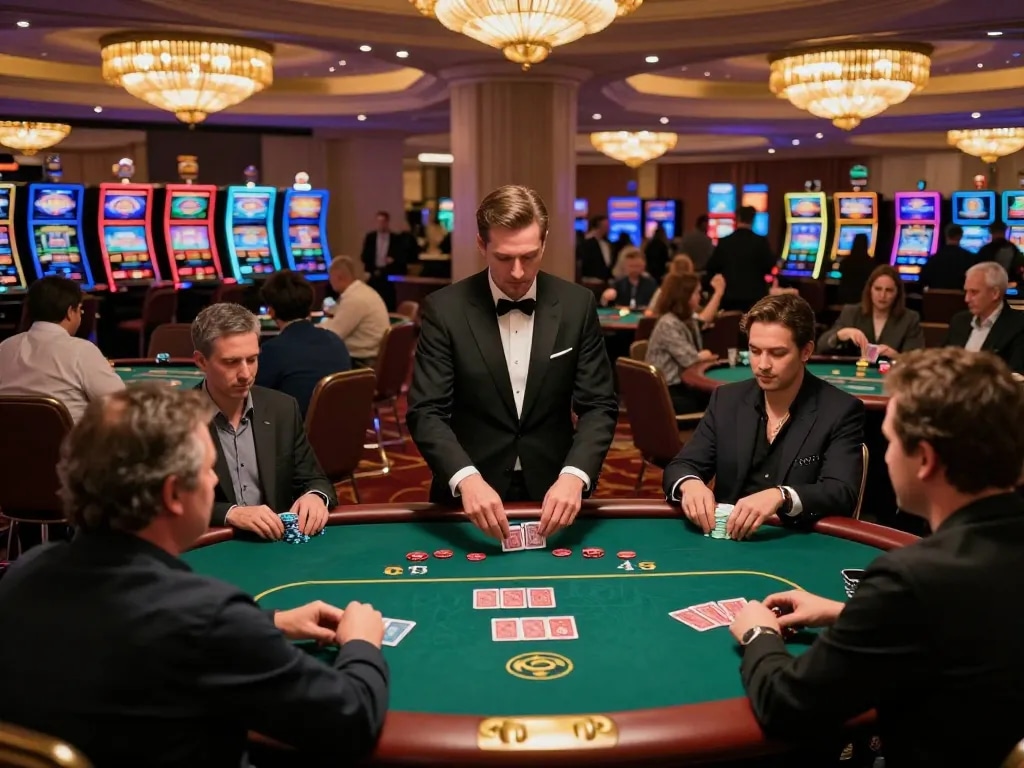 An engaging poker game scene at F168 with players strategizing over cards and chips, capturing excitement and the lively atmosphere of casino gaming.