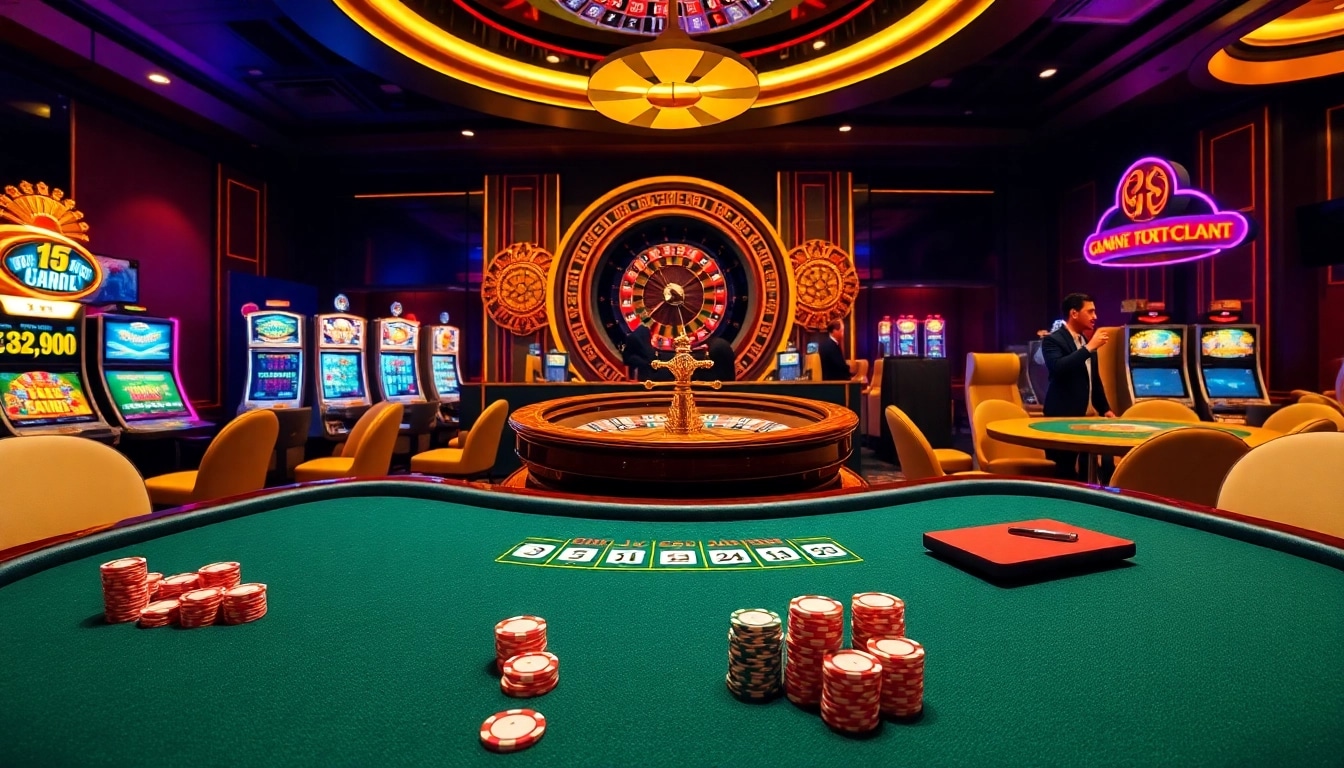 Cổng game Hitclub showcasing a vibrant casino with poker tables, slot machines, and players placing bets.