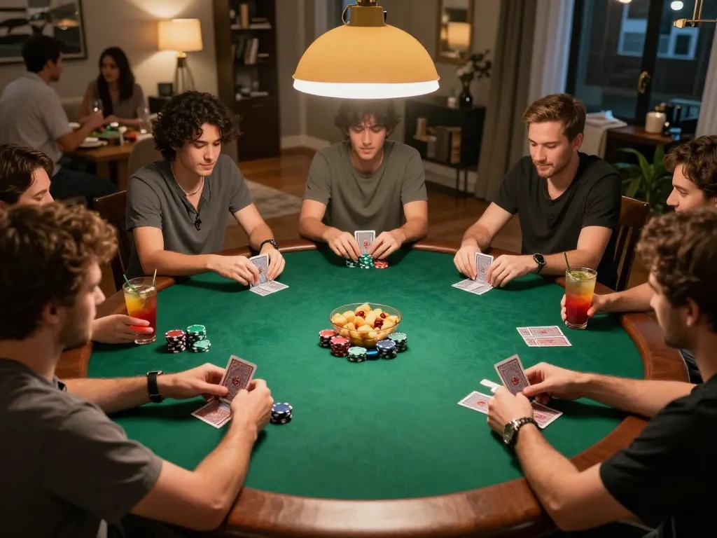 Players engaging in a thrilling F168 home poker game with colorful chips and cards.