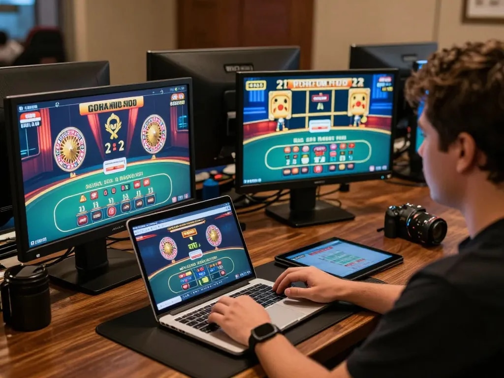 Engaged player strategizing on 99Win online casino using multiple screens with vibrant game interfaces.