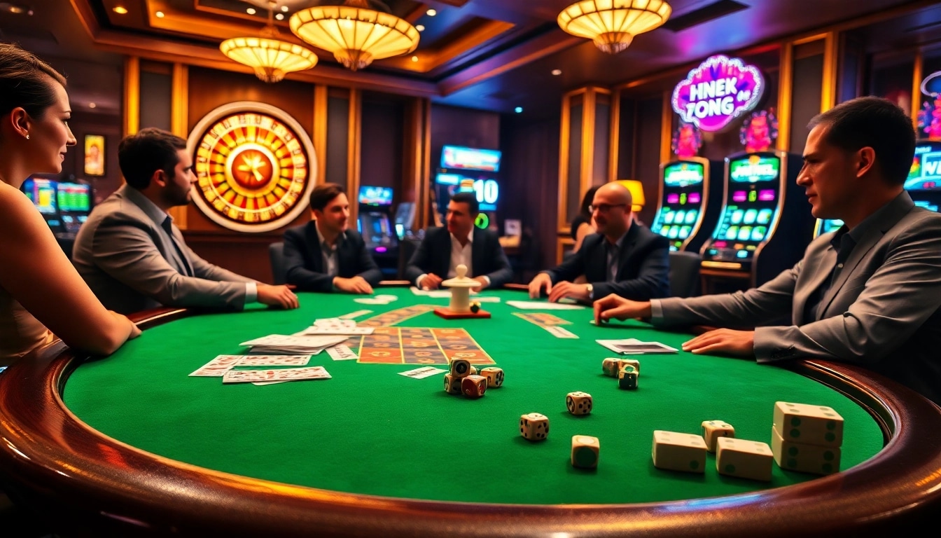 Engaging players in a professional casino setting with vibrant lights and link đăng nhập fun88 displayed subtly.