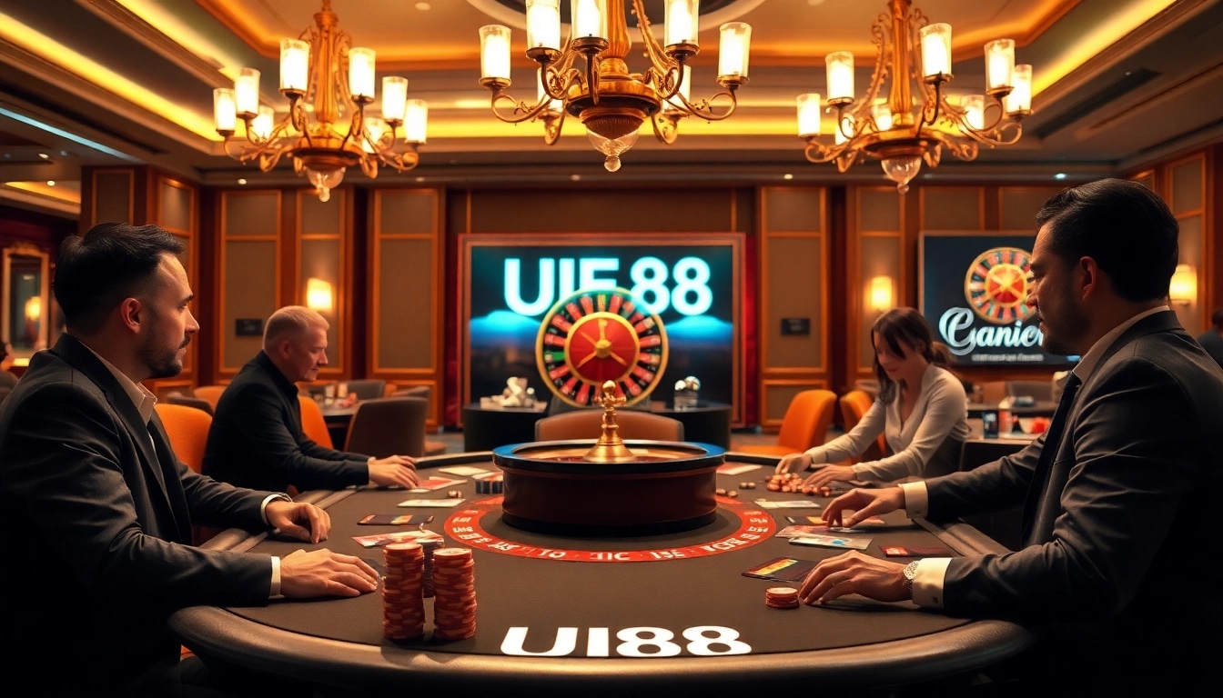 Players immersed in a high-stakes poker game at UU88 casino, showcasing intense strategy and excitement.