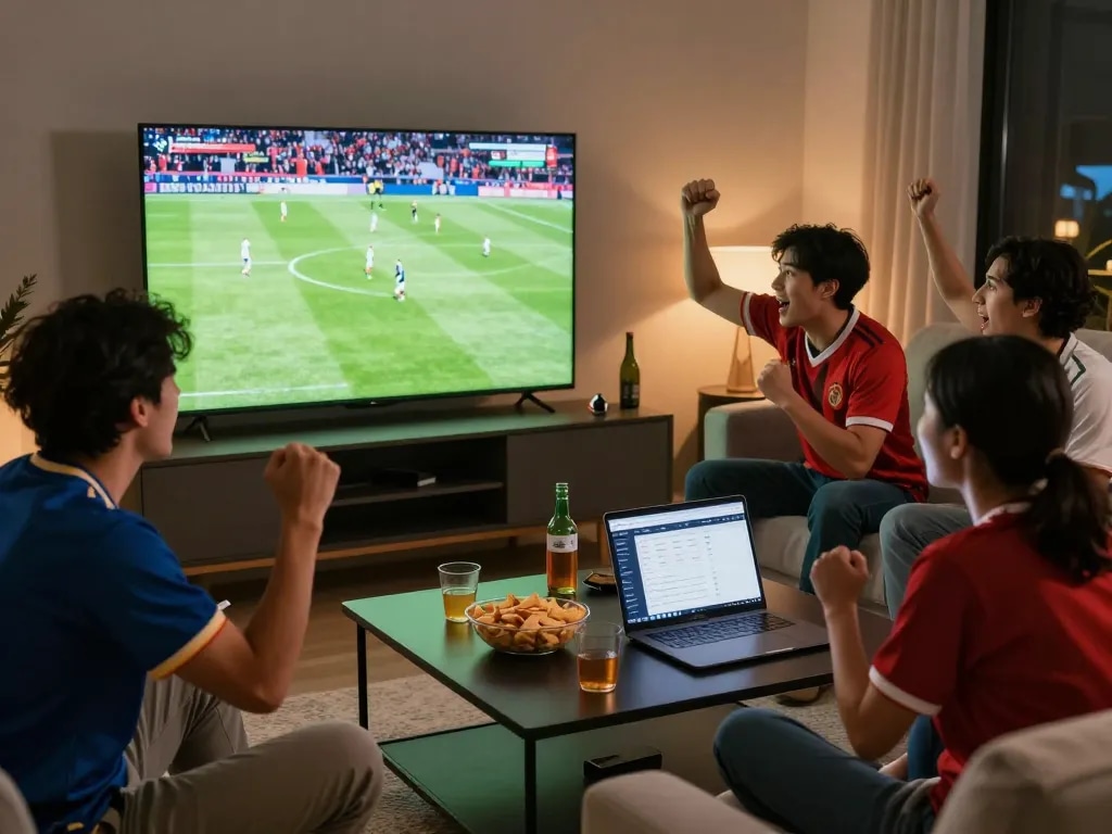 Nhóm bạn bè thưởng thức truyền hình bóng đá luongson live trên TV với đồ ăn vặt trong một không gian ấm cúng.