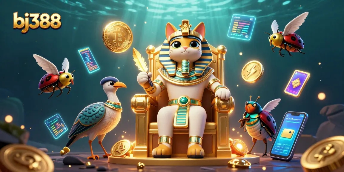 Engage in exciting bets at bj388 with an energetic 3D scene featuring a pharaoh cat and vibrant casino elements.