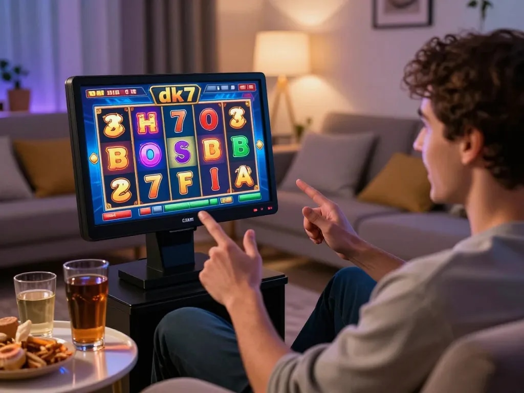 Player engaging with dk7 slot on smartphone in cozy living room setting, highlighting vibrant graphics and gaming excitement.