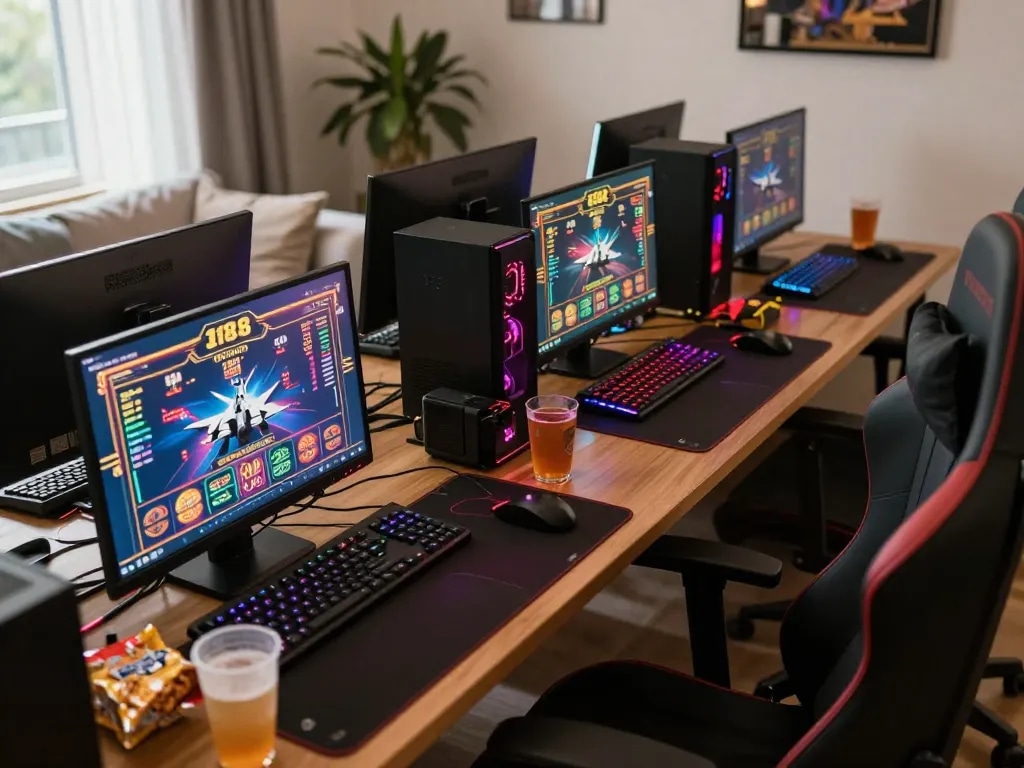 Players engaging in exciting online F168 games at a cozy home setup with colorful screens and snacks.
