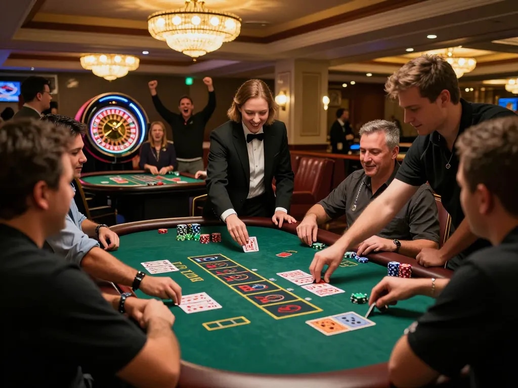 Players enjoying a thrilling game at the Red 88 blackjack table, showcasing excitement and engagement.