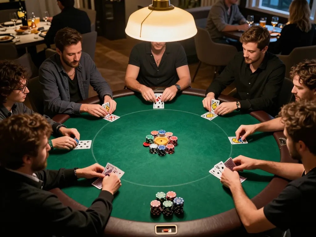 Permainan poker yang menarik sedang berlangsung di sebuah pertemuan di rumah dengan pemain gg999 terlibat dalam strategi dan persahabatan.