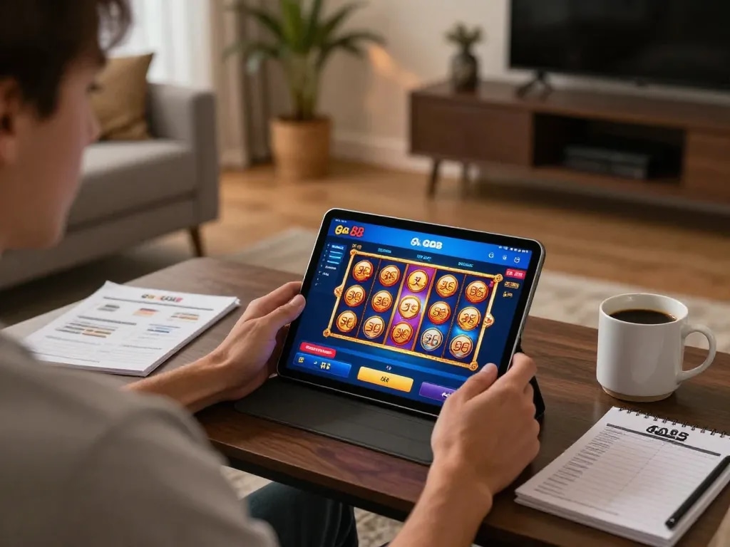 Engaged player interacting with the go 88 casino app on tablet, enjoying a vibrant online gaming experience from home.