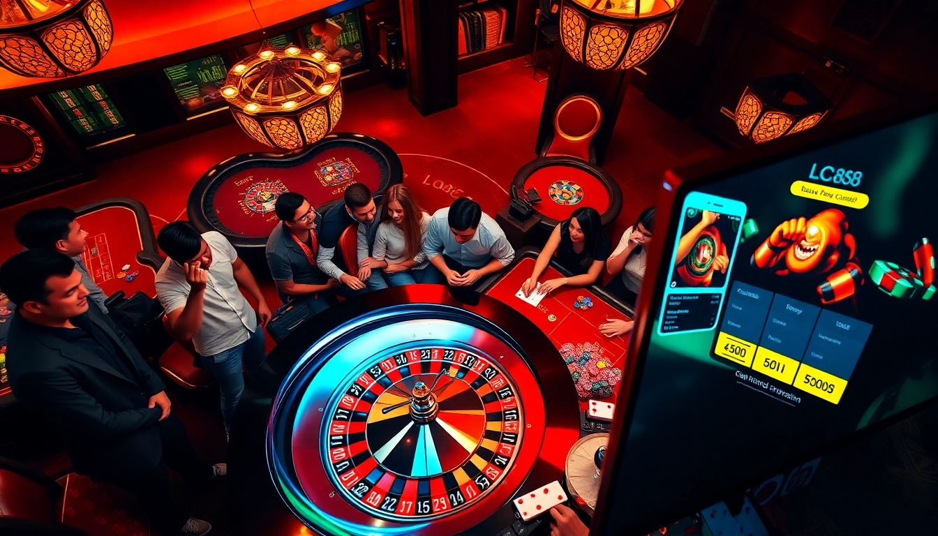 Experience the excitement of the lc88 app in a glamorous casino setting with vibrant roulette action.