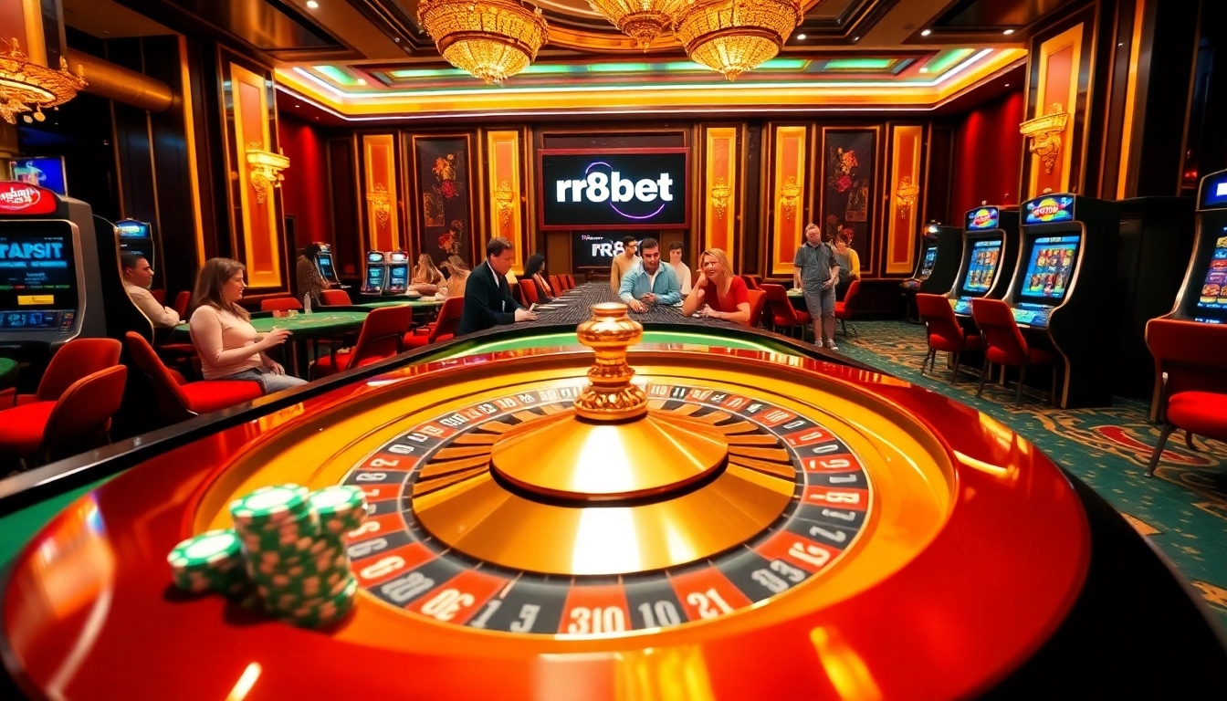 Players enjoying the excitement of rr88bet at a bustling casino table filled with chips and games.