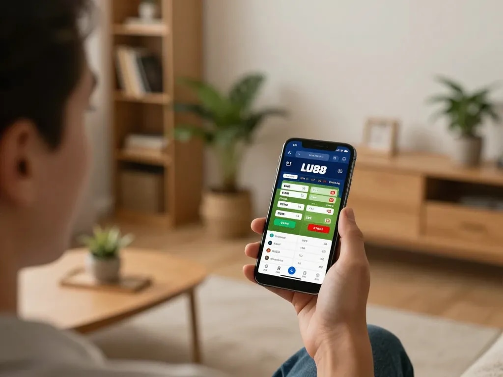 Engaging sports betting atmosphere while Đăng ký lu88 on smartphone at home, showcasing dynamic betting experience.