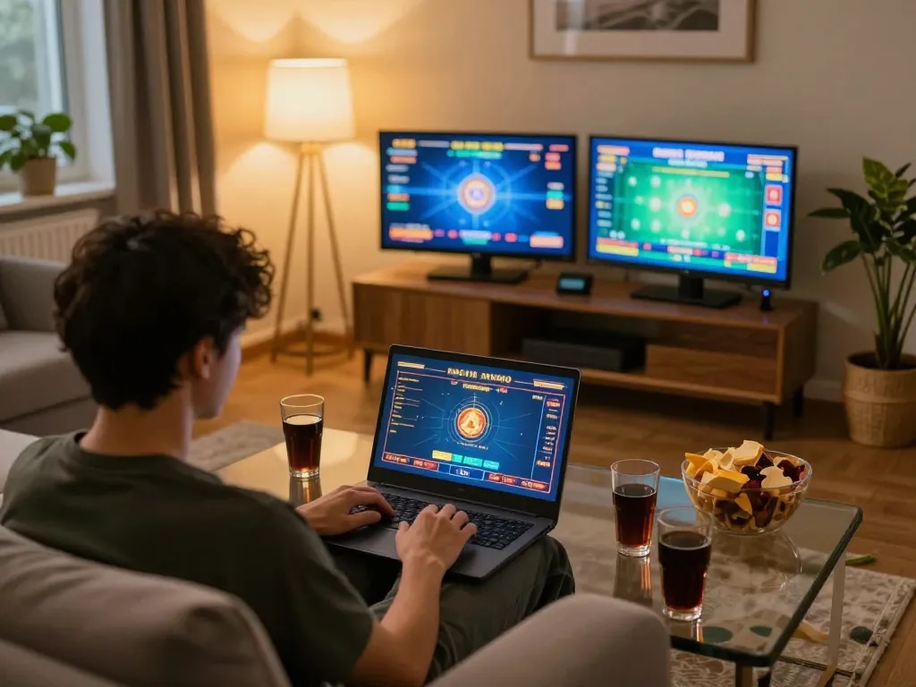Player enjoying online gaming at home on go88vv with laptop, showcasing engagement and entertainment