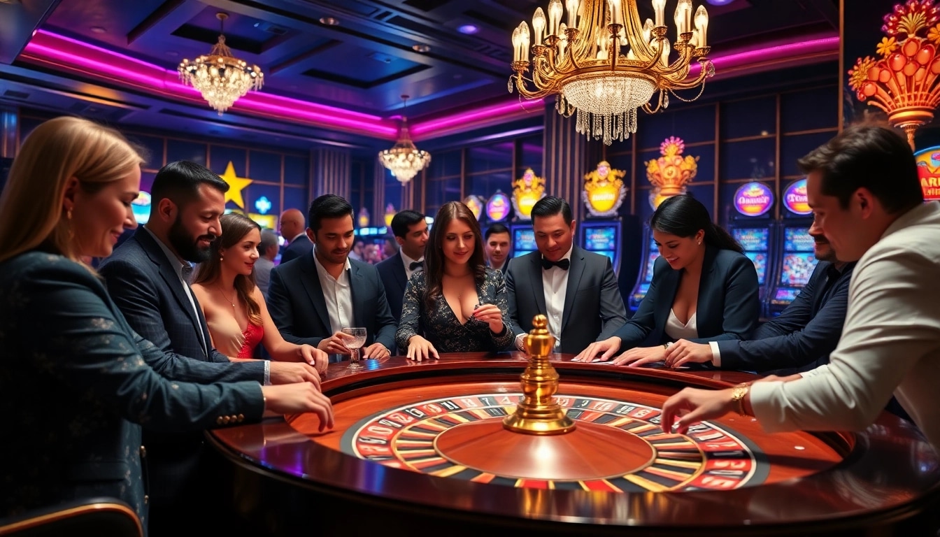 A group of enthusiastic gamblers strategizing their game at a luxurious casino, featuring hidden wiki tor elements.
