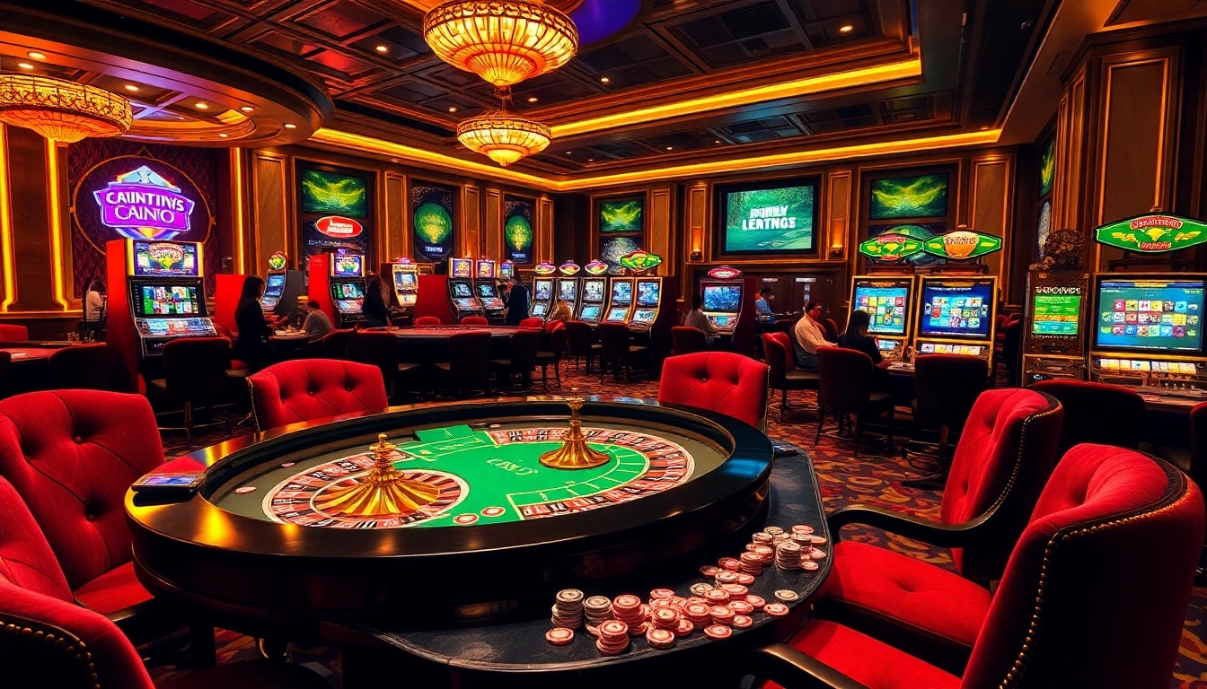 Exciting gaming atmosphere at may88 com featuring roulette and vibrant slot machines.
