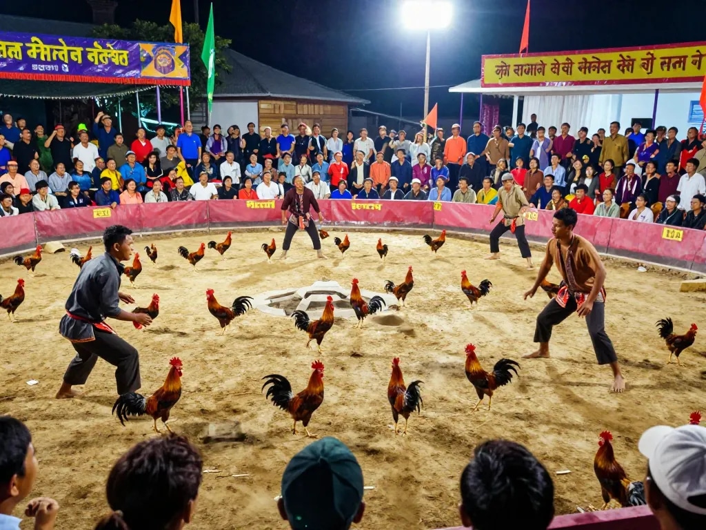 Engaging live action of đá gà thomo with competitive roosters in the arena, vibrant atmosphere