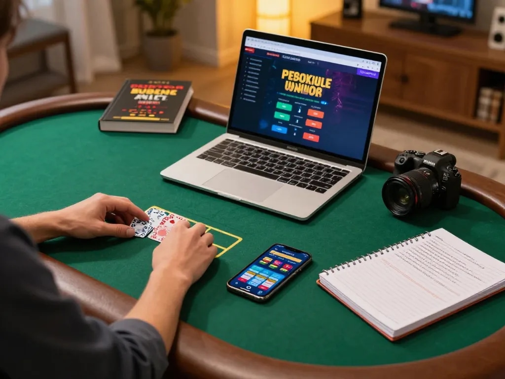 man88 player analyzing poker strategies at home using tablet and laptop for effective bankroll management