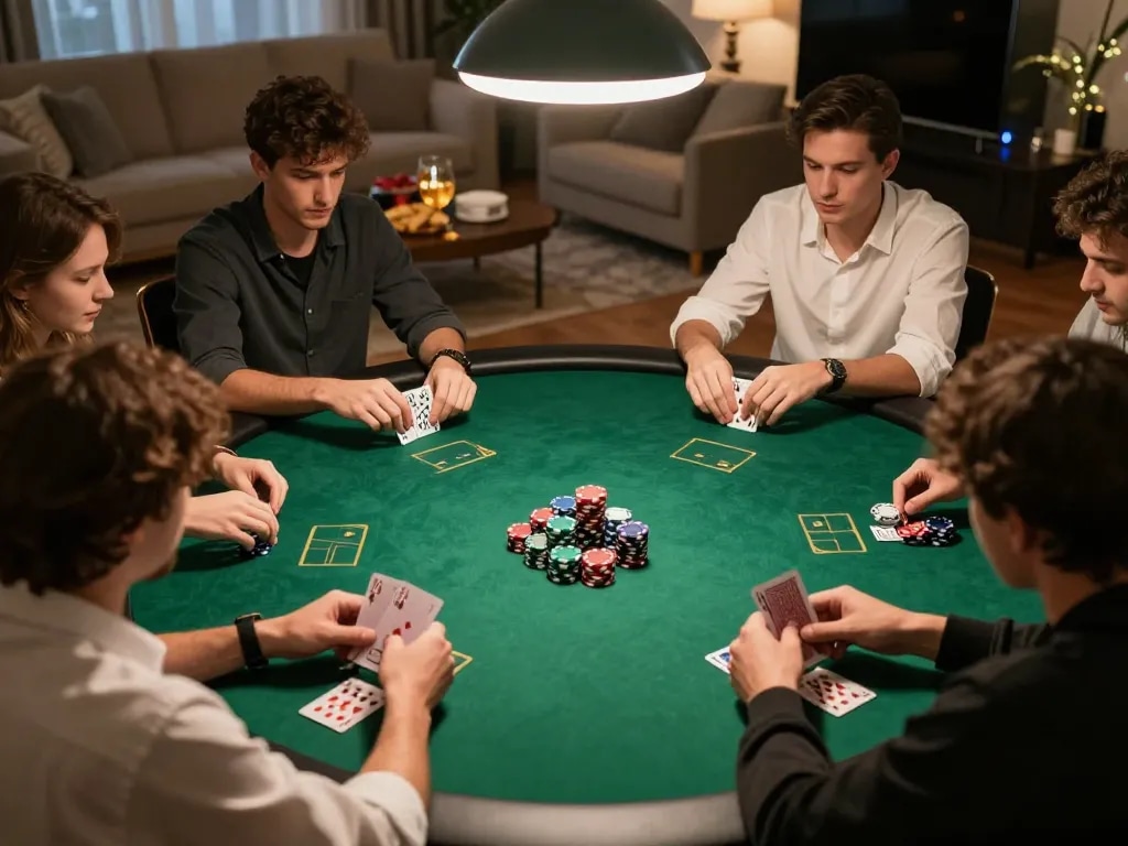 Players in a F168 poker game strategizing their moves, vibrant chips and cards in focus creating an engaging scene.