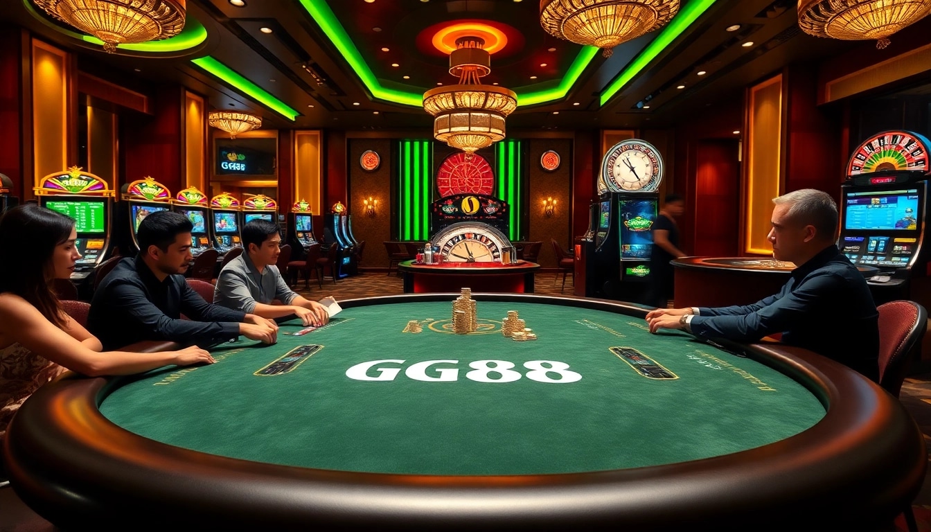 Experience the thrill of GG88 at a luxurious poker table in a vibrant casino setting.