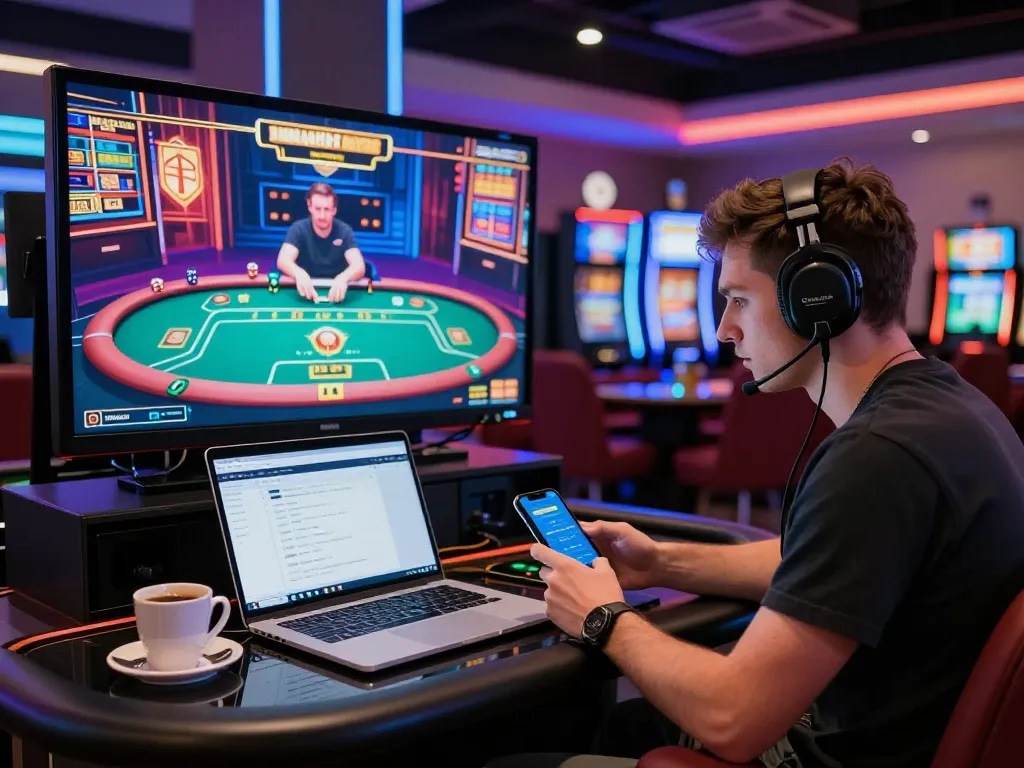Engaged player on SC88 mobile app betting in a vibrant online casino.