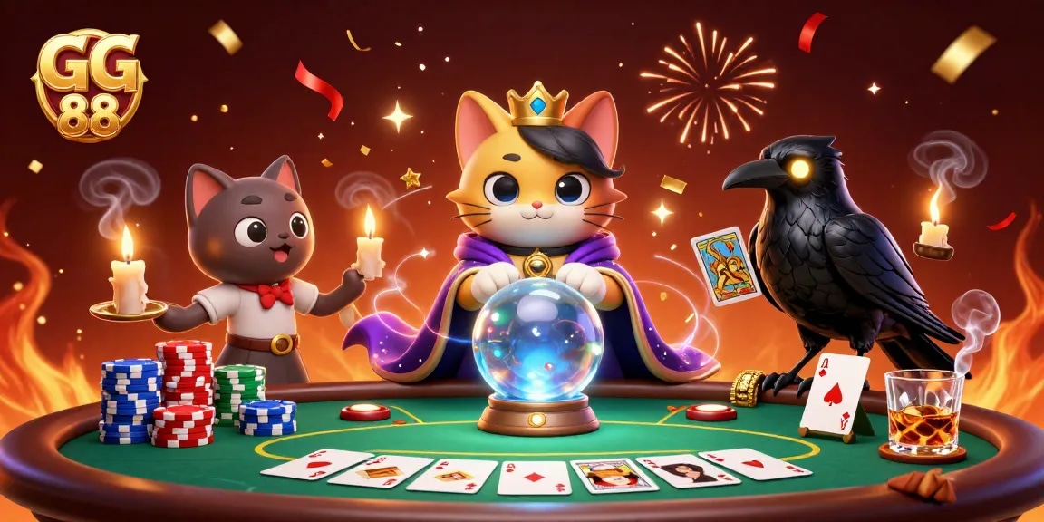 Engaging scene showing GG 88 with a fortune teller cat, a tarot raven, and rich poker elements.