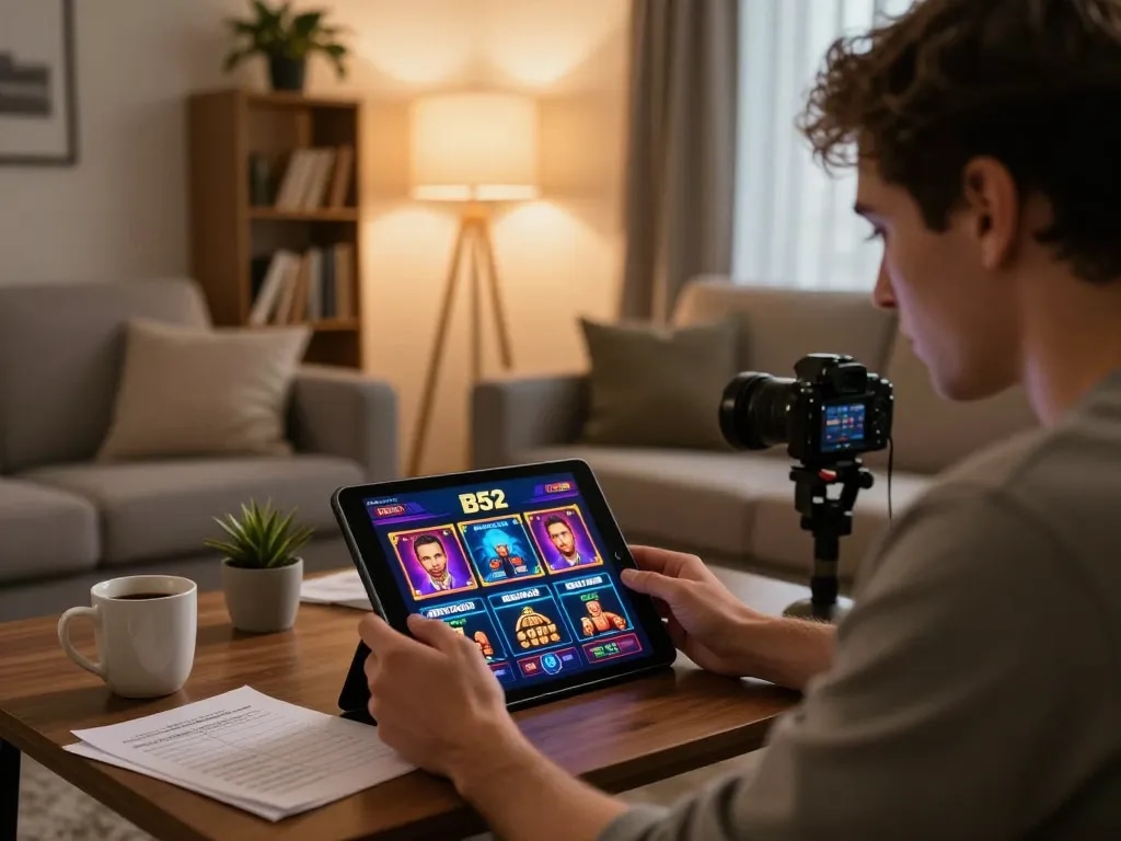 B52 online casino gaming session with a player analyzing strategy notes on a cozy home setup.