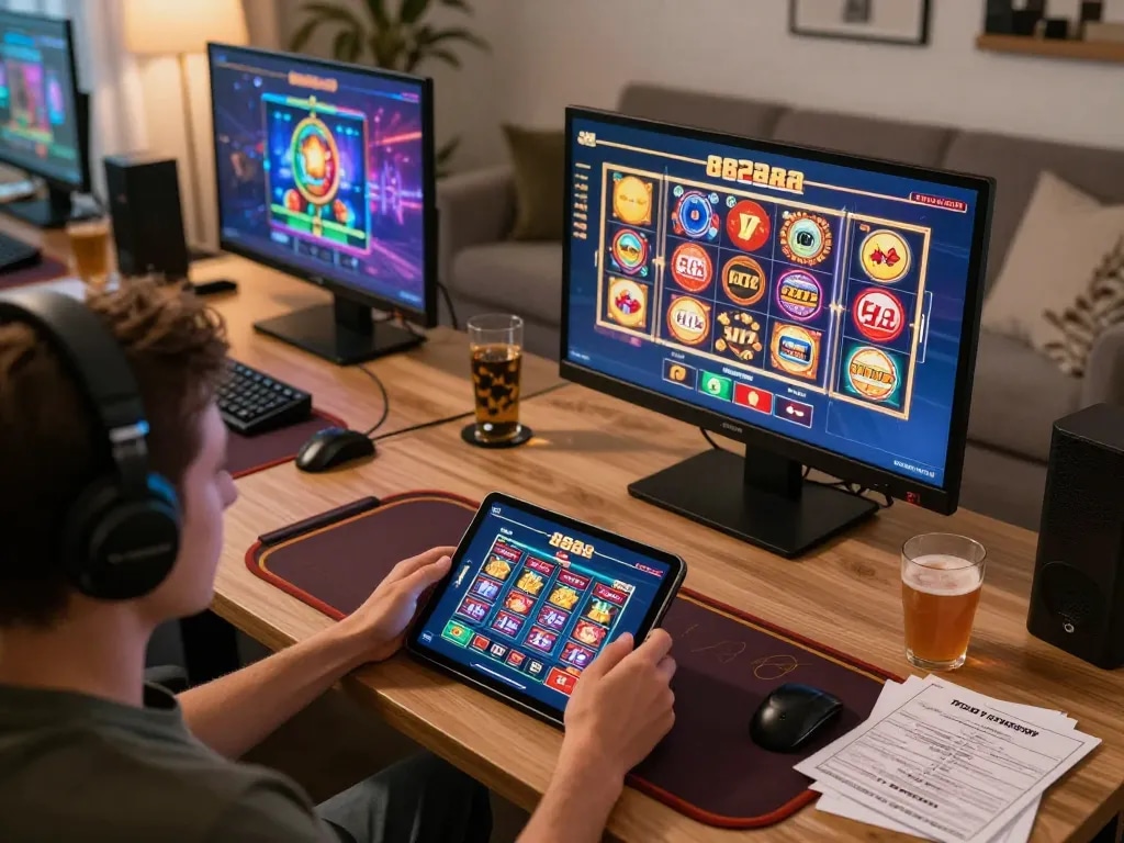 Engaged gamer using 88aa tablet for an immersive online casino experience in a relaxed home setting.