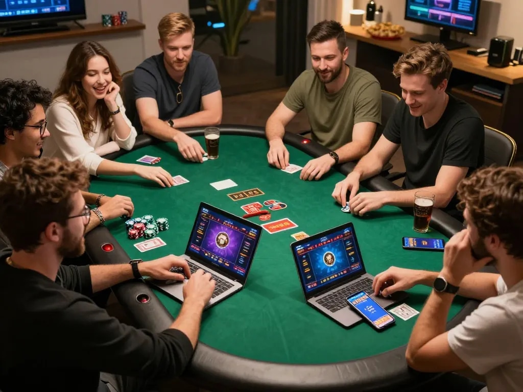 Sunwin players enjoying a lively poker night with engaging gameplay and modern gaming devices
