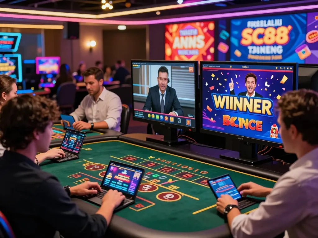 Experience the excitement of online gaming at https://sc88.casino/ with players celebrating wins in a vibrant casino atmosphere.