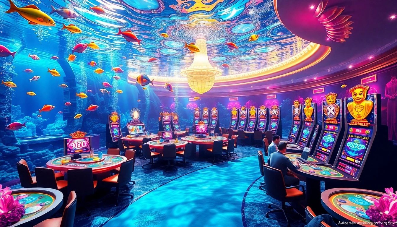 Bắn cá 69VN fishing game action in a vibrant underwater casino setting with colorful marine life.
