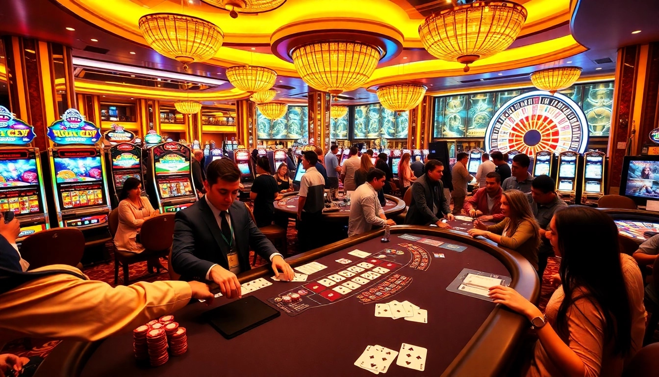 Exciting gambling action at 33win casino with players engaging at tables and vibrant slot machines.
