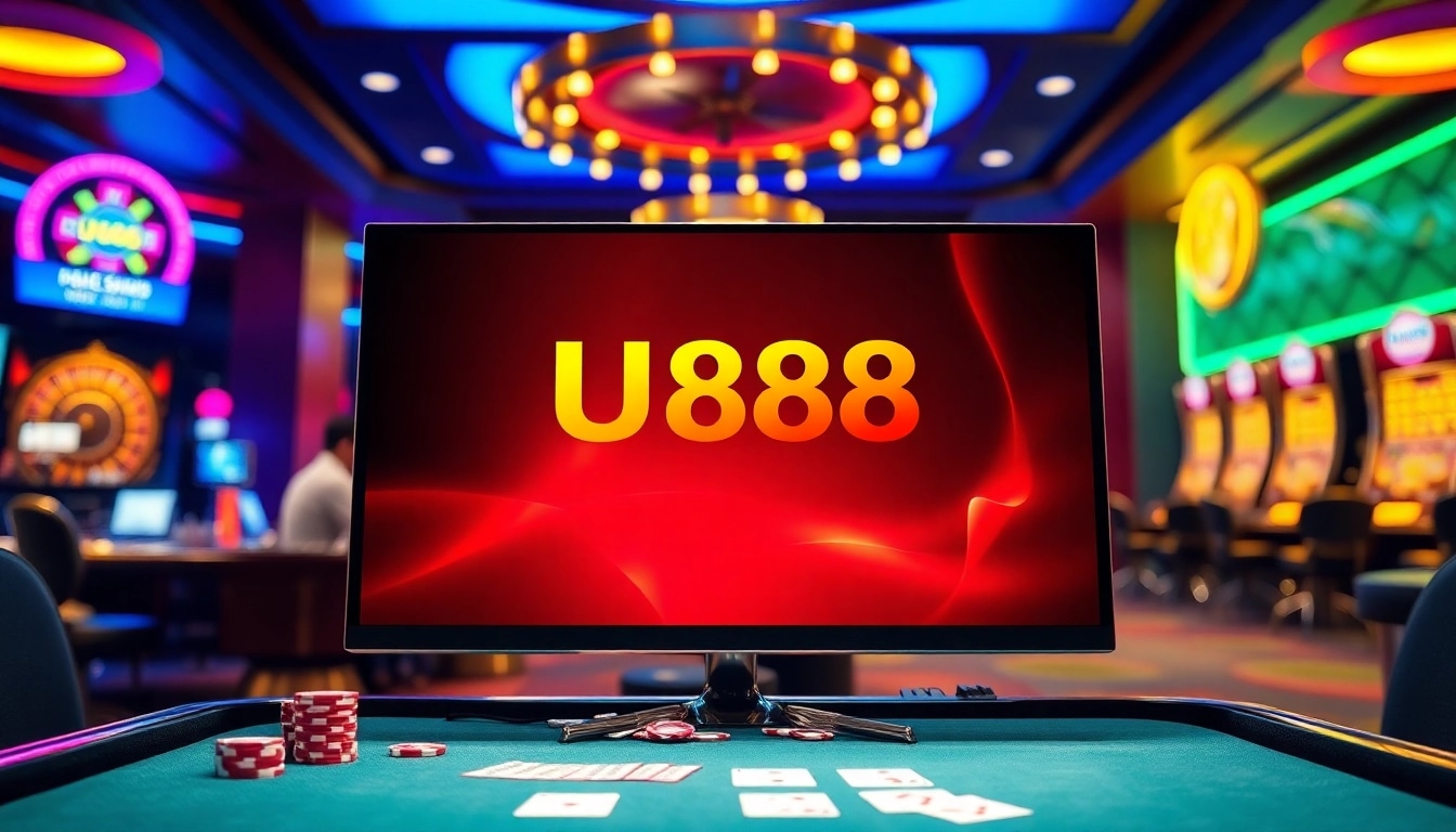 Plataforma de jogos online U888 em um ambiente de cassino elegante com jogos vibrantes.