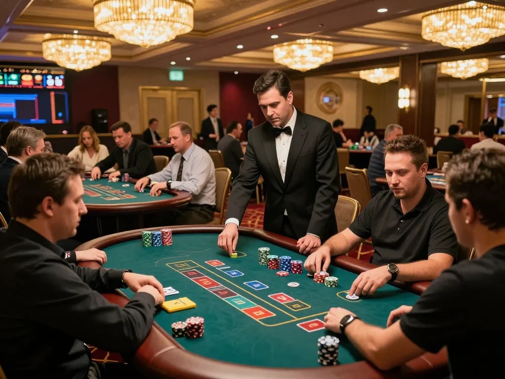 BL555 players strategizing at a busy casino table, vibrant atmosphere with excitement.