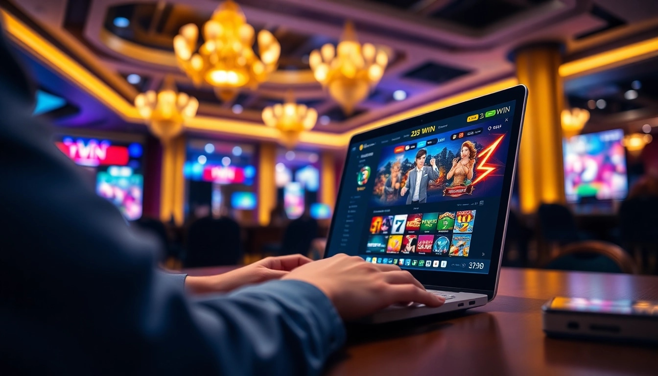 23WIN online casino showcasing an engaging digital environment with user interaction on a laptop and vibrant game graphics.