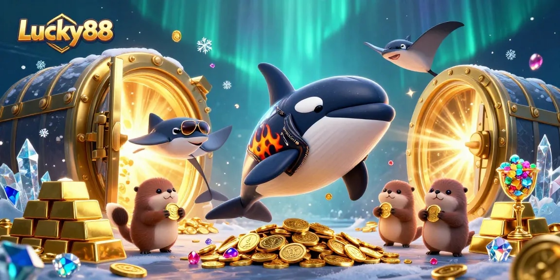 Join Lucky88 in an adventure where orca and sea otters celebrate with treasure and gold bars.