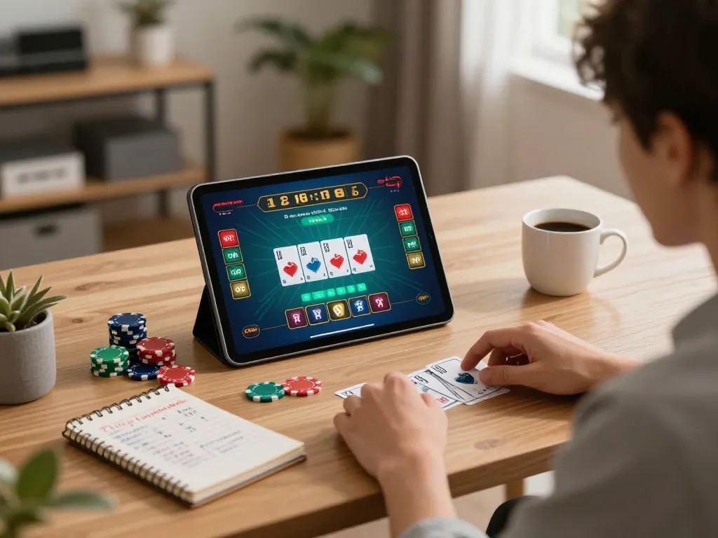 Player engaging with gem88 baccarat game via tablet at home office, showcasing strategic gambling.