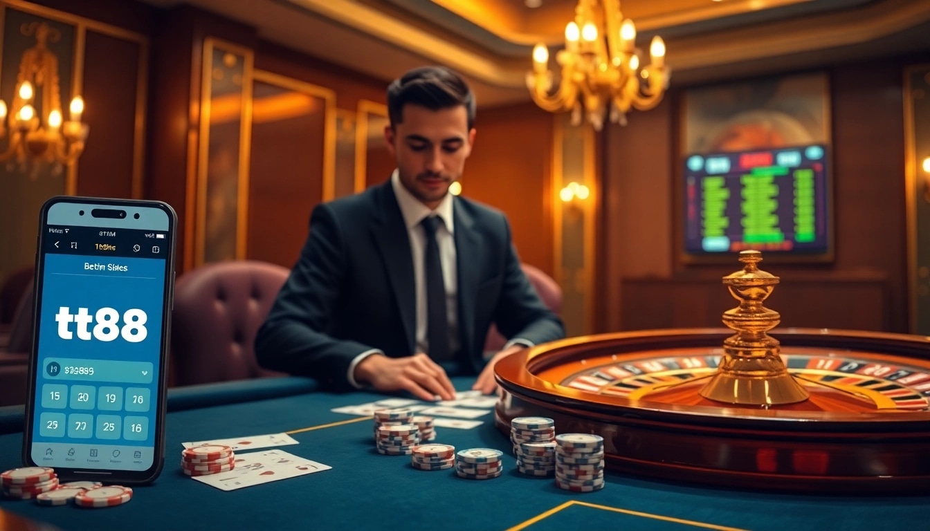 Experience exciting gameplay with tt88 link while enjoying a sophisticated casino atmosphere featuring poker chips and a roulette wheel.