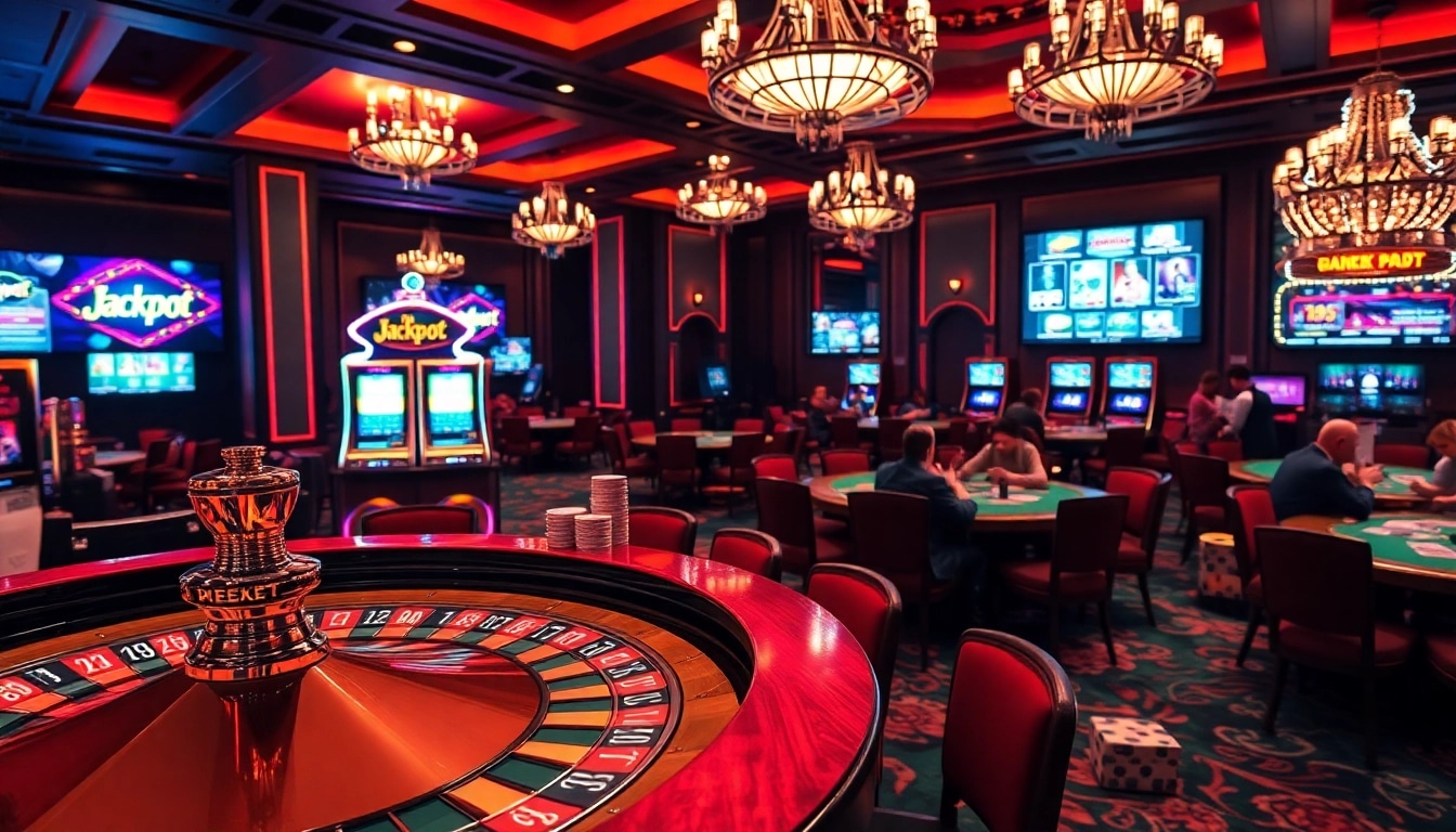 KJC casino scene showcasing luxury roulette wheel, vibrant poker chips, and dynamic card games.