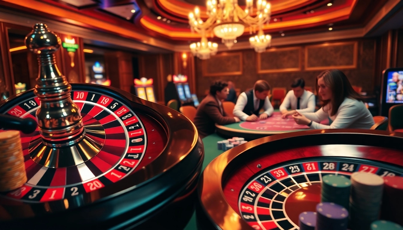 A vibrant casino scene showcasing players enjoying games like poker and roulette at 98win.com, highlighting the thrill of online gambling.