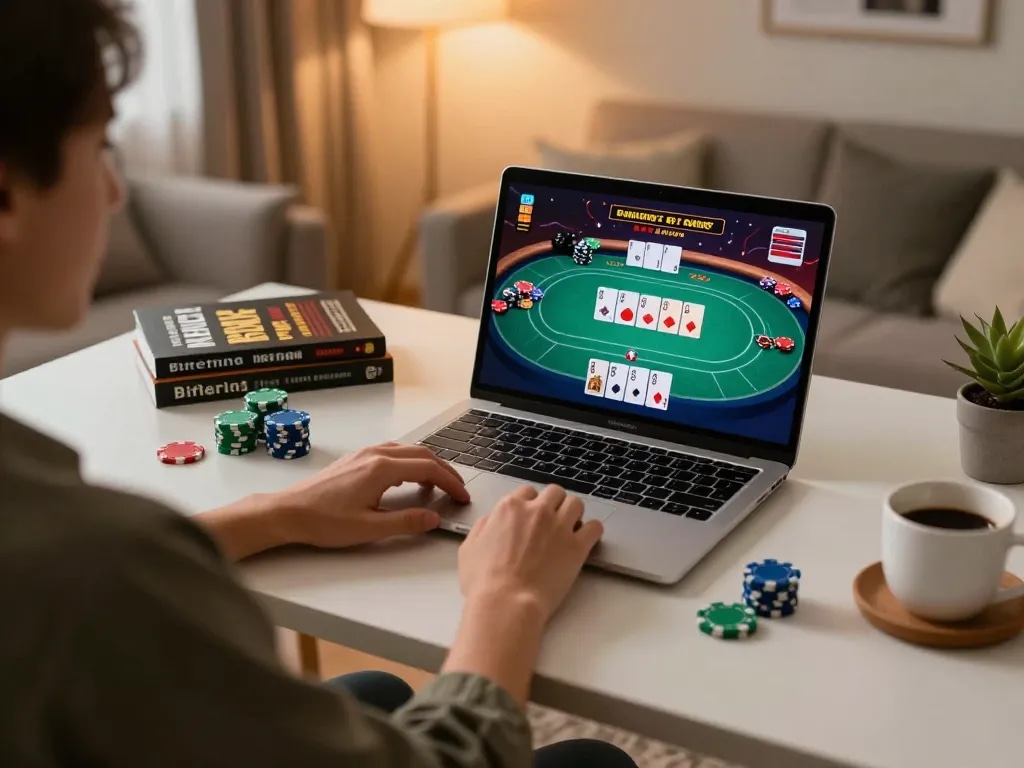 Engaging with tg88 online casino gaming on a laptop in a cozy home setting.