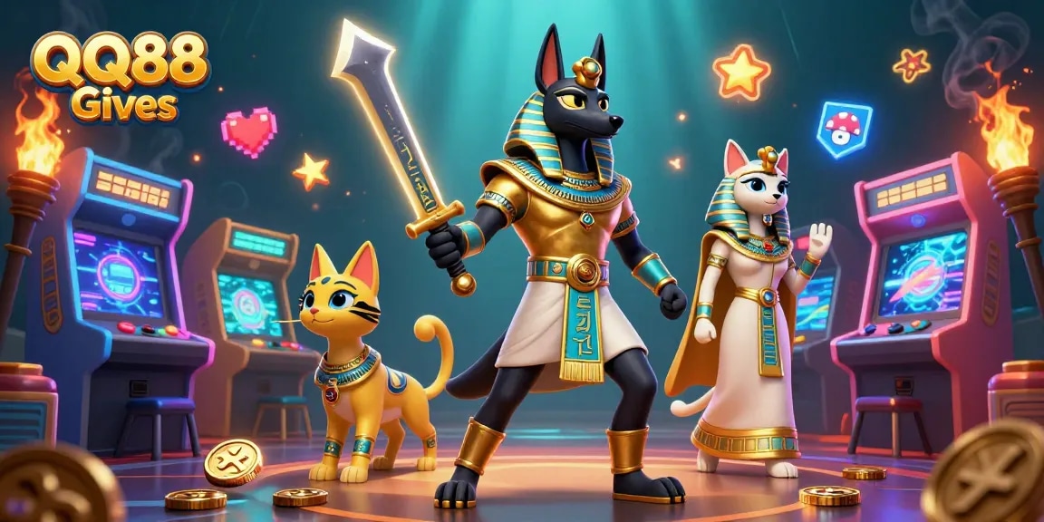 Engage in thrilling gameplay with QQ88 Gives, featuring Anubis and Bastet amidst casino excitement.