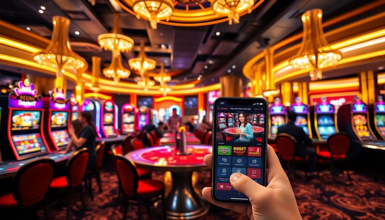 Exciting gaming atmosphere highlighting the process to tải app 8kbet on a smartphone.