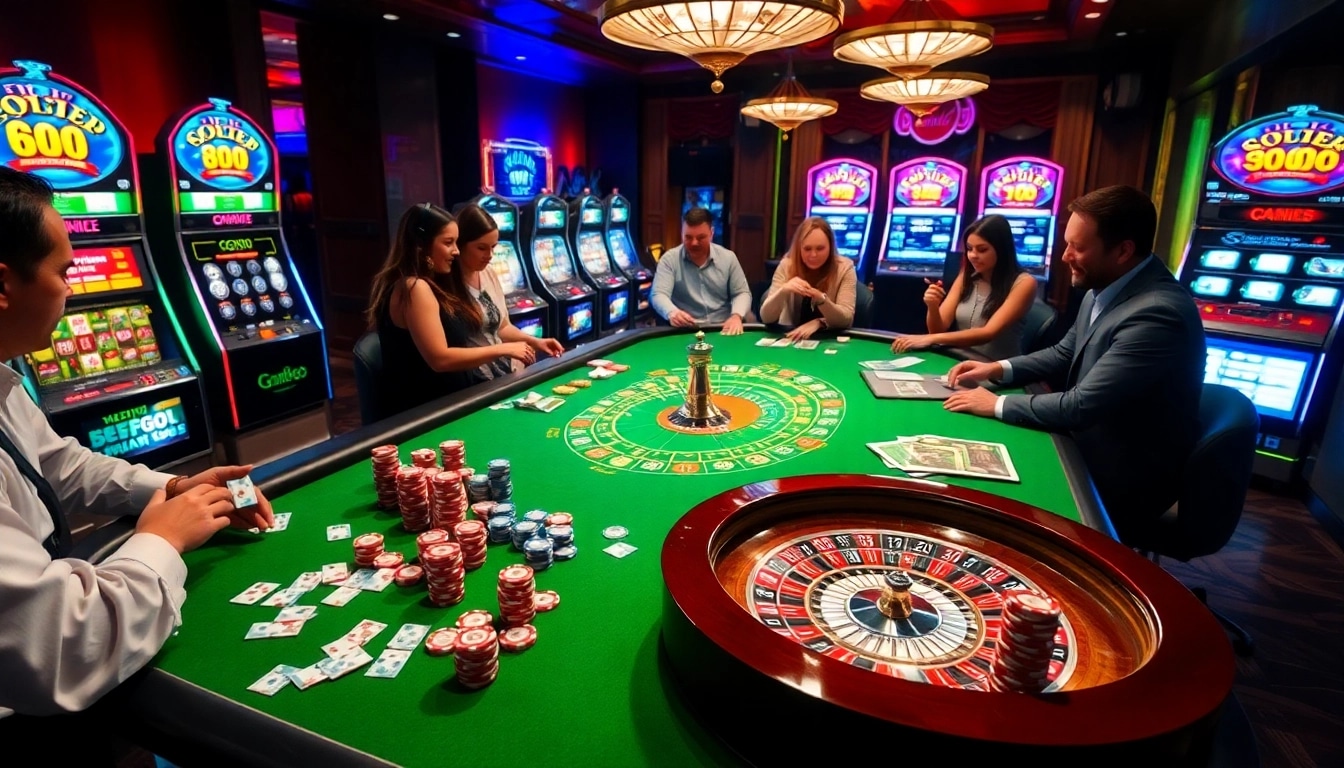 A lively gaming atmosphere at Cổng Game GO88 featuring players engaging with casino tables and colorful slot machines.