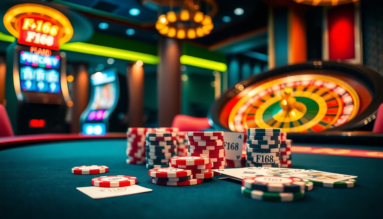 F168 poker chips on a casino table, capturing an exciting moment in gambling.