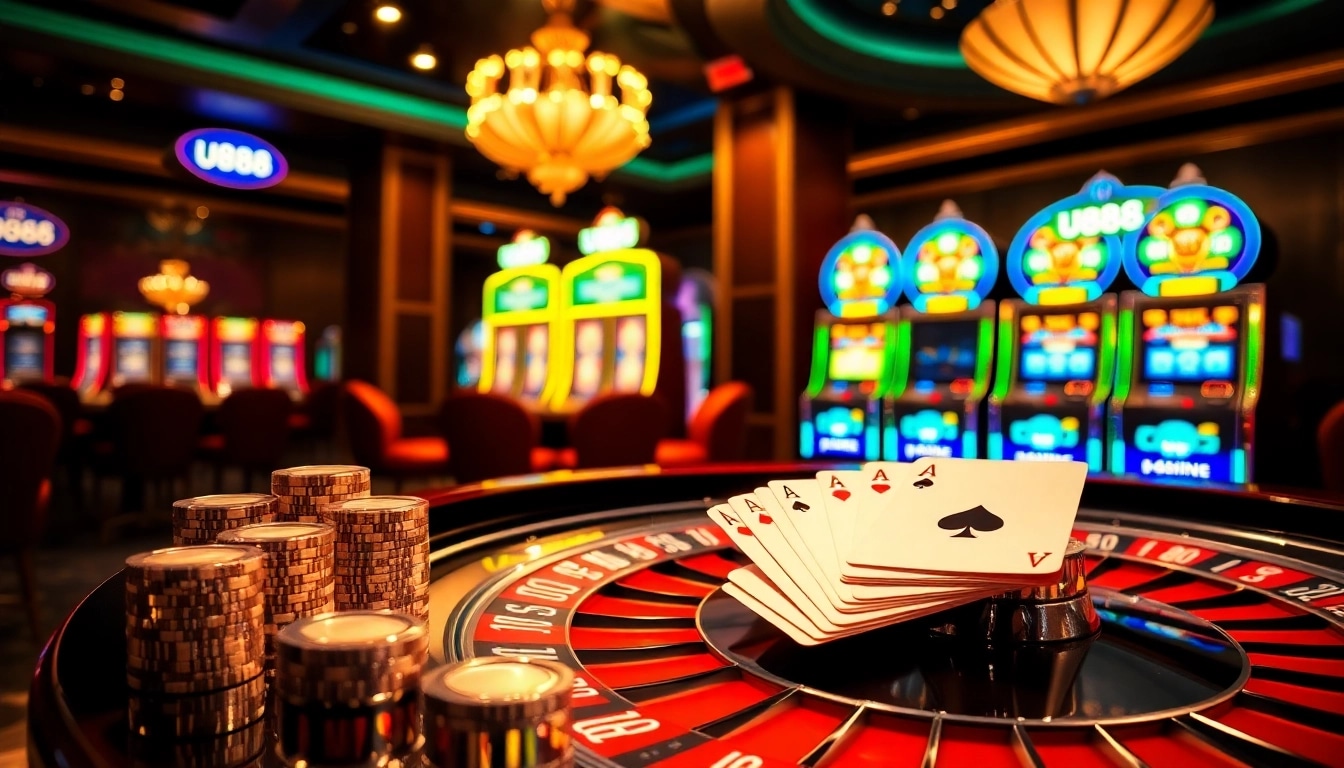 Exciting gambling action at U888 casino with roulette and stacked poker chips.