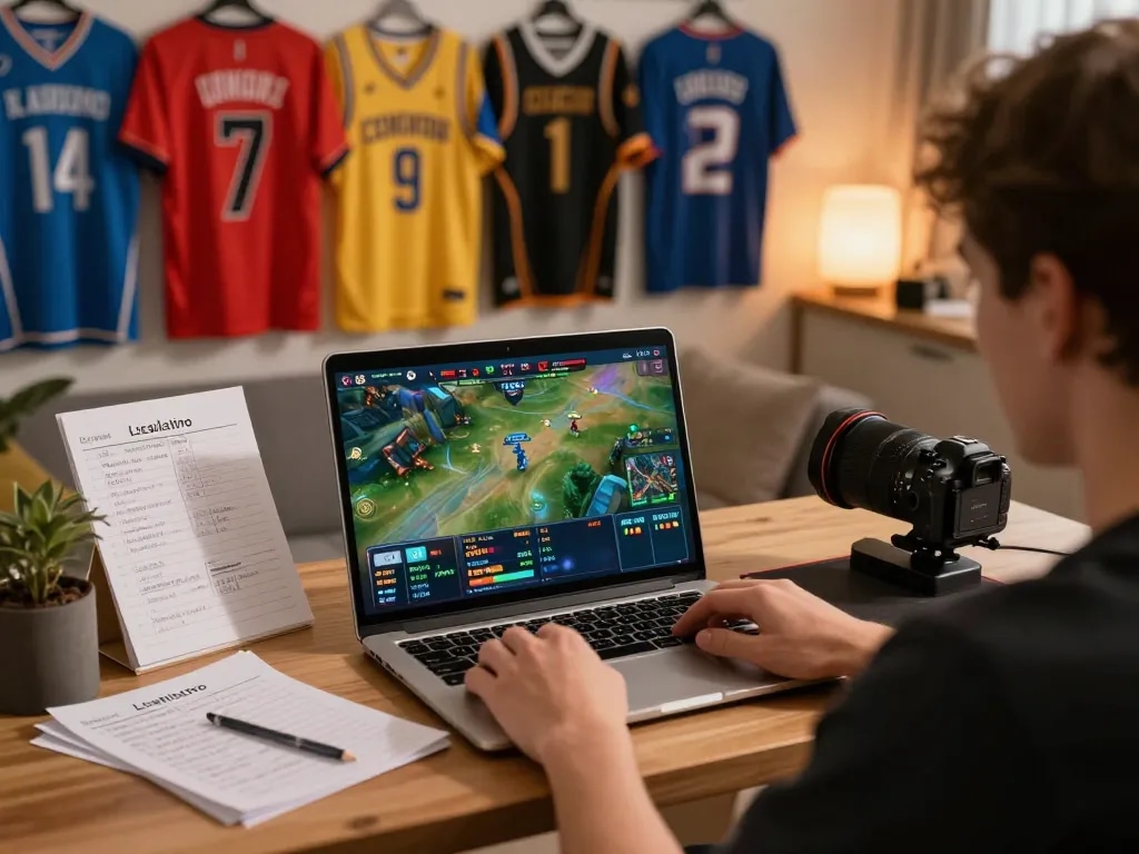 Person betting on esports at home using laptop for 88fc games, surrounded by strategy notes and sports memorabilia.