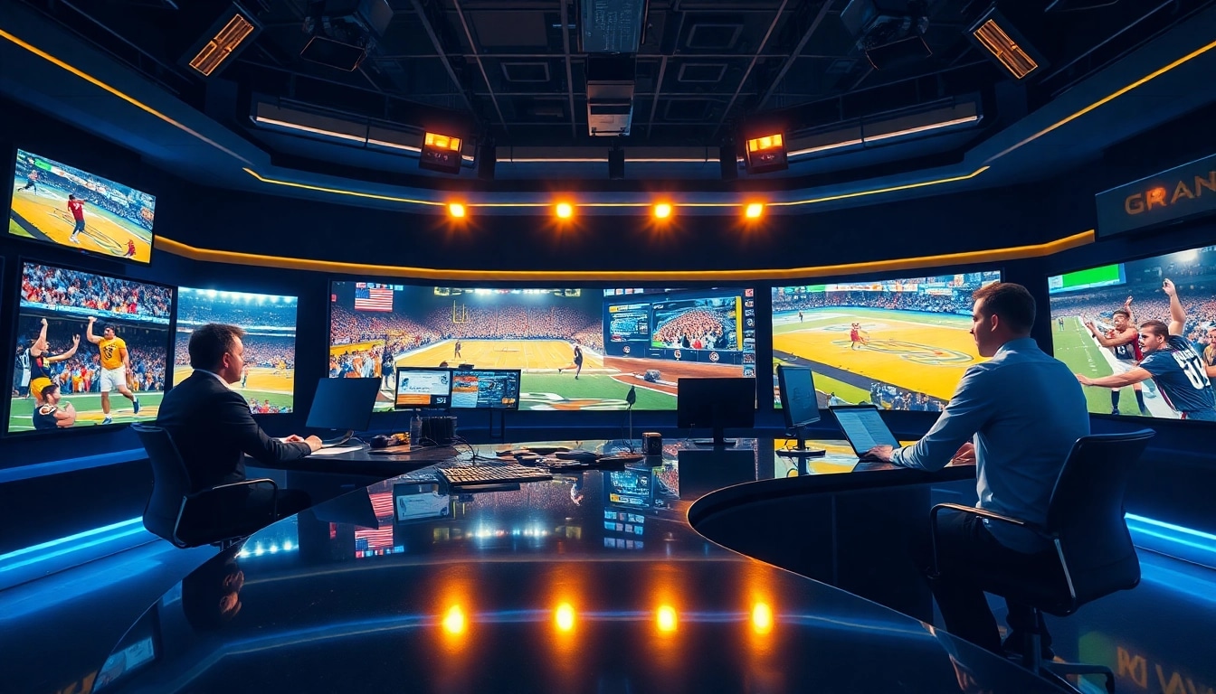 Engaging sports broadcasting scene showing hosts discussing live events in a modern studio.