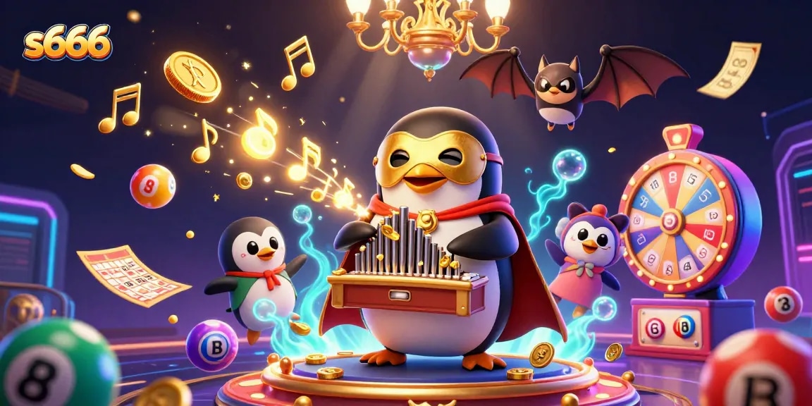 s666 players enjoy a vibrant casino atmosphere with animated gold coins, lottery balls, and games.